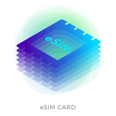 Poster - eSIM chip sign flat vector icon. Embedded-SIM card isometric mobile cellular global internet communications. Futuristic projection sim card isolated on white background