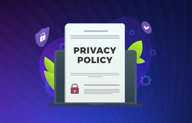 Wall Mural - Privacy Policy modern vector illustration. Security Data Access - contract with protection information, shield icon on laptop. Cyber Security Business Technology Concept with violet background.