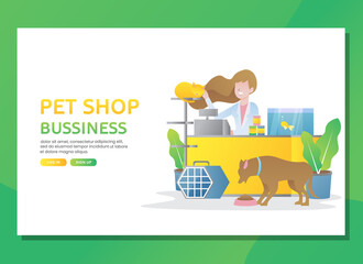 Pet shop business with woman, dog, cat and fish