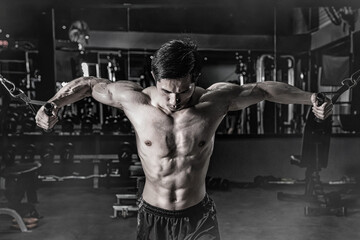 Strong fitness man doing arm workout with cable machine in the gym