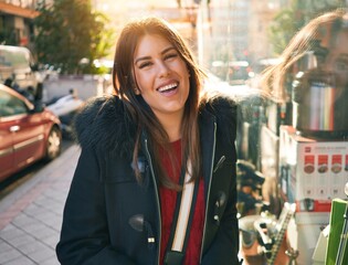 Canvas Print - Young beautiful brunette woman smiling happy and confident. Standing with smile on face walking at street of city