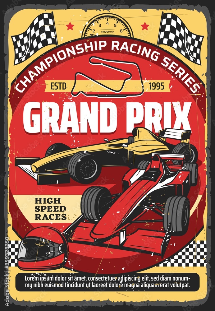 Car races retro poster, vintage auto rally sport championship and Grand Prix tournament, vector. Retro sport car speedway racing tournament, racecar speedometer, racetrack, start and finish flags - obrazy, fototapety, plakaty 