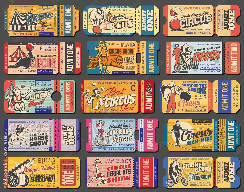 Circus tickets, carnival show vintage retro tent marquee, vector admit coupons. Shapito big top circus tickets for juggling animals, strongman and elquilibrist, tiger in fire ring and elephant on ball - obrazy, fototapety, plakaty 