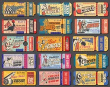 Circus Tickets, Carnival Show Vintage Retro Tent Marquee, Vector Admit Coupons. Shapito Big Top Circus Tickets For Juggling Animals, Strongman And Elquilibrist, Tiger In Fire Ring And Elephant On Ball