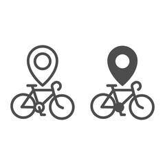 Poster - Bike location line and solid icon, bicycle concept, Map pointer with bicycle sign on white background, bike rent location pin icon in outline style for mobile concept and web design. Vector graphics.