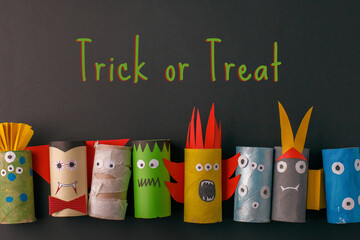 Wall Mural - TRiCK or TREAT Halloween monsters doll from toilet paper tube roll. Creative DIY for kids. Home decor for party. Paper handie crafts inspiration. Eco-friendly reuse recycle idea