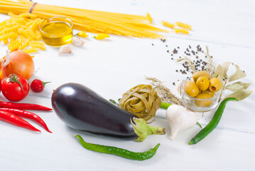 Sticker - traditional italian food ingredients on white wood table