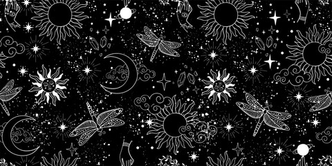 Wall Mural - seamless mystical pattern, universe with stars, moon and sun. space background, magic signs and symb