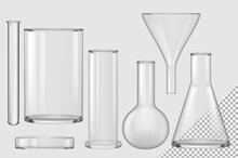 Glass Flask Set. Isolated Realistic Empty Chemical Filter Funnel, Bulb, Test Tube, Beaker, Petri Dish Collection. Vector Chemistry And Biology Laboratory Glass Flask Glassware Equipment