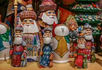 Wall Mural - Christmas ornaments of Russian Santa Claus or Ded Moroz (Grandfather Frost) on display for sale in a souvenir shop in Saint Petersburg Russia