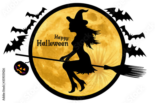 イラストと一体化したハロウィンロゴ 英字 満月と空飛ぶ魔女 Happy Halloween Logo Design Advertisement Wall Mural Advertiseme Globeds