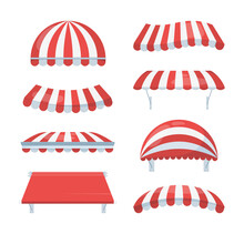 Canopy Striped Set. Fashionable Red White Awnings Shelter From Rain Sun Necessary Accessory Cafe Retail Element Of Architecture Circus Summer Theater. Cartoon Shadow Vector.