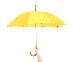 Hand with stylish umbrella on white background