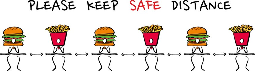 Social Distance Keep a safe distance of 2 meters or 6 feet between the cafe or restaurant icon tables. People who eat fast food hamburger or potato. Vector image. Hand drawn lines. 