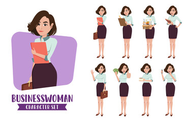 Wall Mural - Businesswoman character vector set. Business woman characters female office employee in different standing pose and gestures for staff collection design. Vector illustration   