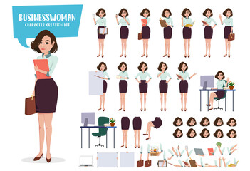 Wall Mural - Businesswoman character creation vector set. Business woman characters female office employee staff demo presentation editable create face and body parts movement. Vector illustration