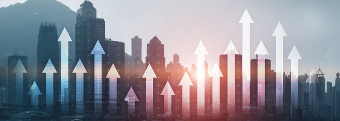 financial growth arrow chart city view website panoramic header banner. investment, stock trading, e