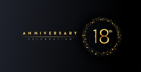 18th anniversary logo with confetti and golden glitter ring isolated on black background, vector design for greeting card and invitation card.