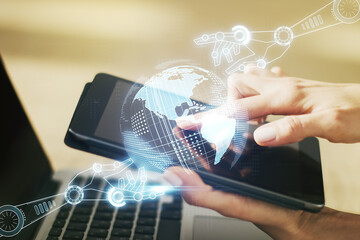Aufkleber - Creative concept of robotics technology with globe sketch and finger clicks on a digital tablet on background. Robot development and automation concept. Multiexposure