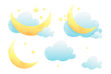 night sky with stars and moon objects isolated clipart collection for kids. hand drawn in watercolor
