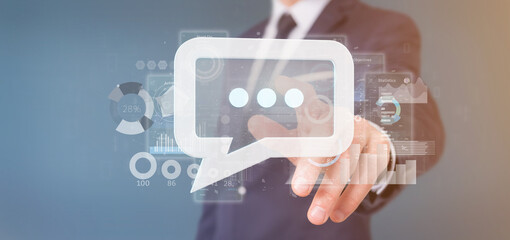 Poster - view of a businessman holding a message icon with data in background - 3d rendering
