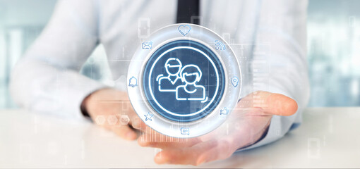 Poster - Businessman holding a social media network contact icon