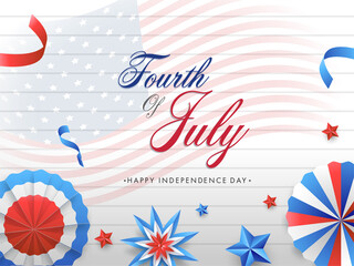 Sticker - Fourth Of July Font with National Tricolor Paper Cut Badge, Stars and Ribbons Decorated on American Wavy Flag and Horizontal Stripe Pattern Background.