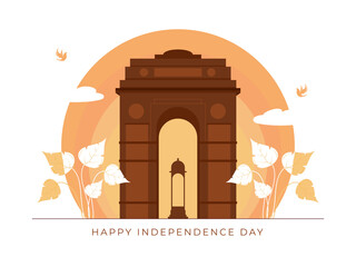 Sticker - Brown India Gate Canopy with Leaves and Flying Birds on Peach Circle Shape for Happy Independence Day Concept.