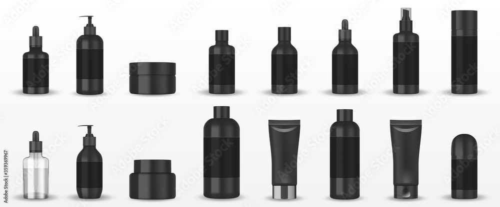 Realistic blank black cosmetic tubes isolated. Mockup cosmetic containers hand cream, shampoo, liquid soap pump, spray, oil, gel, lotion bottle. Vector - obrazy, fototapety, plakaty 