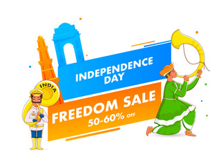 Wall Mural - independence day freedom sale poster design with 50-60% discount offer, famous monuments, tutari (sr