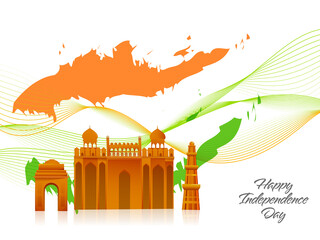 Sticker - Indian Famous Monuments with Saffron and Green Grunge Paint Effect on Abstract Waves White Background for Happy Independence Day.