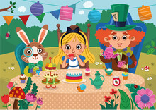 Alice's Adventures In Wonderland Vector Illustration. Mad Tea Party. Alice, White Rabbit And Mad Hatter Characters Have A Great Time In A Tea Party. Colorful And Fun Design For Wonderland Style.