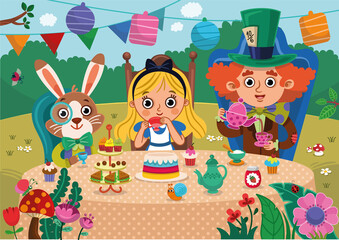 Alice's Adventures in Wonderland vector illustration. Mad Tea Party. Alice, white rabbit and Mad Hatter characters have a great time in a tea party. Colorful and fun design for Wonderland style.