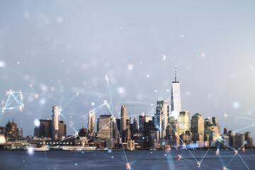 Poster - Abstract virtual technology sketch on Manhattan cityscape background, future technology and AI concept. Double exposure
