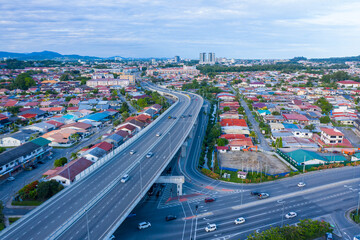 Poster - Aerial image of car moving on Kota Kinabalu City, Sabah, Malaysia