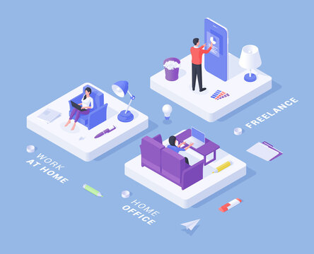 Cartoon illustration with people working remotely from home