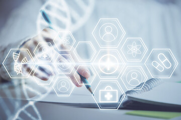 Poster - DNA theme hologram over woman's hands writing background. Concept of education. Double exposure