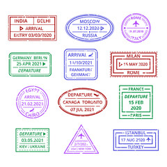 Poster - travel visa stamp sign color thin line icon set. vector