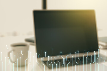 Poster - Creative abstract micro circuit sketch on modern laptop background, future technology and AI concept. Double exposure