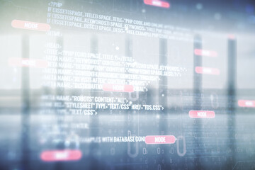 Poster - Abstract virtual coding concept on empty corporate office background. Multiexposure
