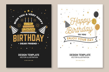 Wall Mural - Wish you a very happy Birthday dear friend. Badge, card, with birthday hat, firework and cake with candles. Vector. Vintage typographic design for birthday celebration emblem in retro style