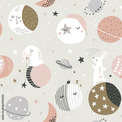 Fotografia, Obraz Seamless childish pattern with bunny princess on rainbow