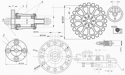 Wall Mural - Mechanical Engineering drawing. Engineering Drawing Background. Vector Illustration.