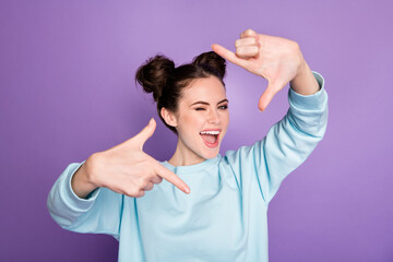 Sticker - Close-up portrait of her she nice-looking attractive lovely cheerful cheery girl making frame art winking action cut isolated over violet purple lilac bright vivid shine vibrant color background