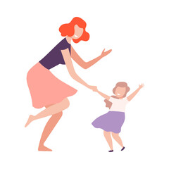 Poster - Mom and Daughter Dancing Together Holding Hands, Parent and Kid Having Good Time Flat Style Vector Illustration