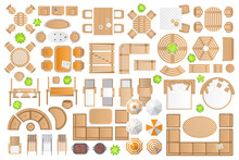Icons Set. Outdoor Furniture And Patio Items. (top View) Isolated Vector Illustration. Tables, Benches, Chairs, Sunbeds, Swings, Umbrellas, Plants. (view From Above). Furniture Store.