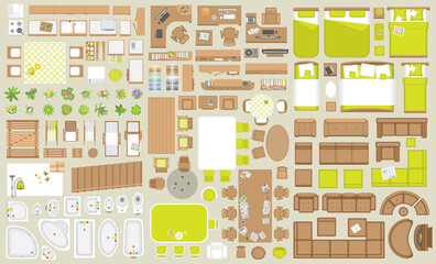 Icons set of interior. Furniture top view. Elements for the floor plan. (view from above). Furniture and elements for living room, bedroom, kitchen, bathroom, office.