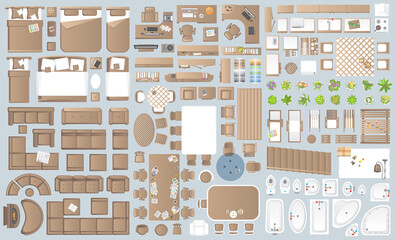 Wall Mural - Icons set of interior. Furniture top view. Elements for the floor plan. (view from above). Furniture and elements for living room, bedroom, kitchen, bathroom, office.