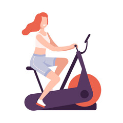 Poster - Young Woman Training on Exercise Bike, Girl Doing Sports in Fitness Club, Gym or Home, Active Healthy Lifestyle Flat Style Vector Illustration