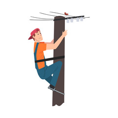 Sticker - Male Electrician Engineer Working on Electric Power Pole, Electricity Maintenance Service Worker Character Cartoon Style Vector Illustration